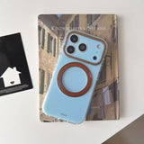 Hue Loop Baby Blue Magnetic Ring Stand Phone Case, Retro Brown Contrast Lens Frame Shockproof Cover for iPhone