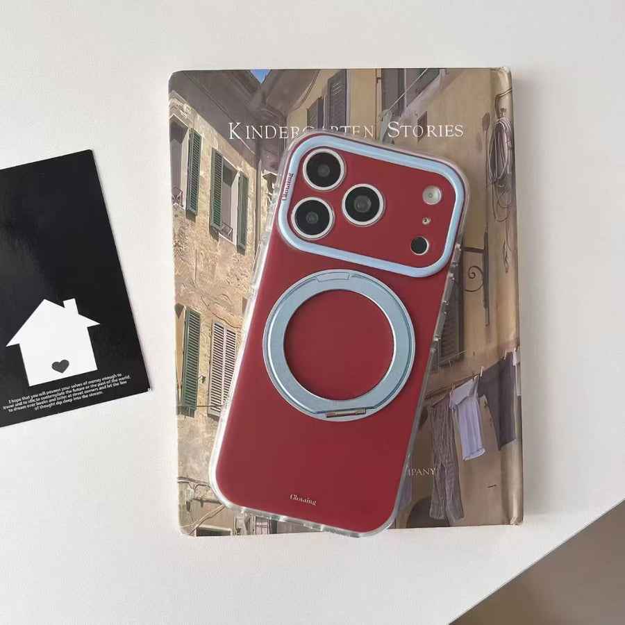 Hue Loop Retro Red Magnetic Ring Stand Phone Case, Baby Blue Contrast Lens Frame Shockproof Cover for iPhone