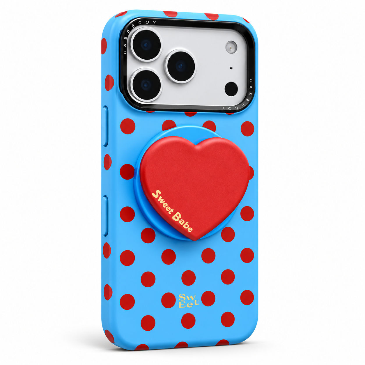 Blue and red polka dot Sweet Babe heart grip iPhone case