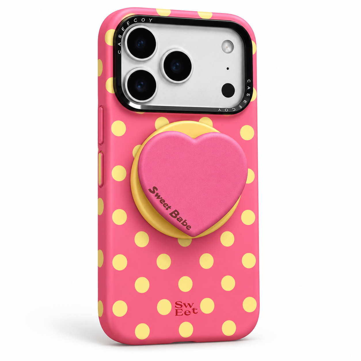 Pink and yellow polka dot Sweet Babe heart grip iPhone case